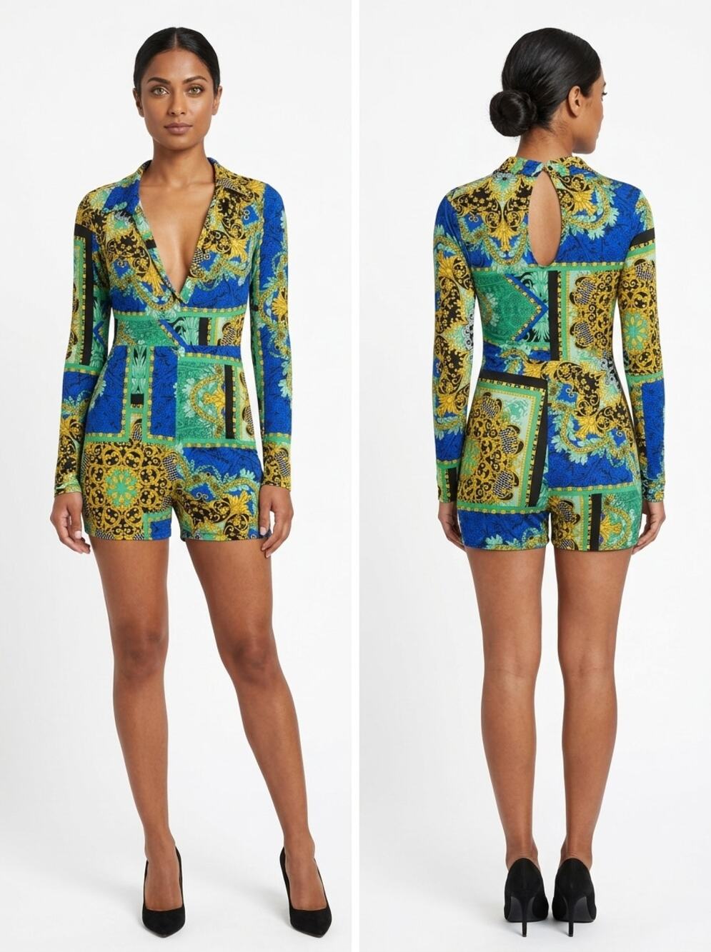 J Uptown Made in USA Baroque Print Plunging V-Neck Romper Women Size S